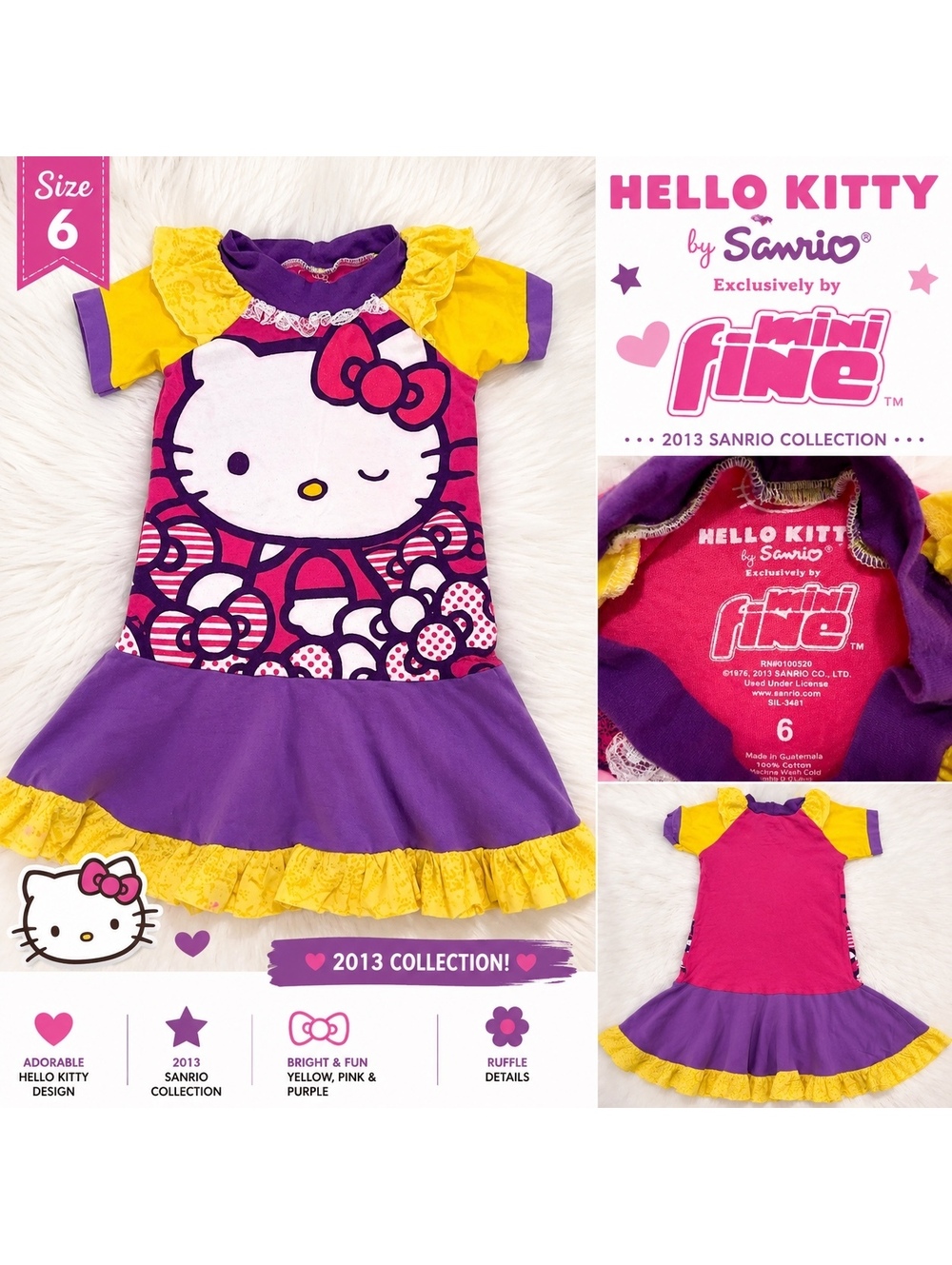 Hello Kitty Sanrio Freestyle 2013 Girls Size 6 Ruffle Dress Pink Purple